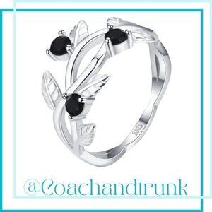 925 Hallmark 3 Round Black Spinel Prong Set Etched Winding Vine Band Ring Size 7